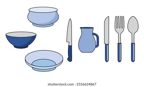 Vector set of eating and drinking utensils isolated on white background