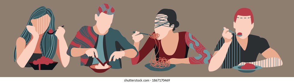 vector set of eating persons without face, abstract and flat design