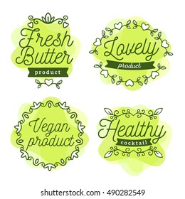 Vector set of eco badges with text. Logo green color templates with floral elements, ribbon, frame for bag, sticker, menu, food package design