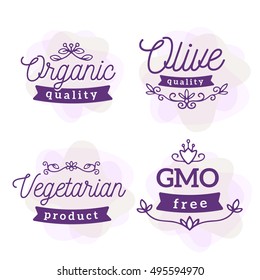 Vector set of eco badges with text. Logo watercolor templates with floral elements, ribbons for bag,  sticker, menu, food package design