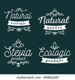 Vector set of eco badges with white text. Logo templates with floral elements, ribbon for bag, sticker, menu, food package design on dark background