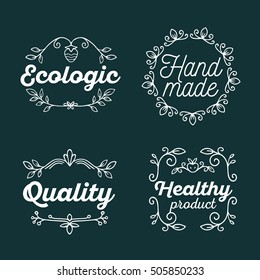Vector set of eco badges with white text. Logo templates with floral elements, ribbon, frames for bag, sticker, menu, food package design on dark green background