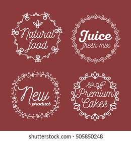 Vector set of eco badges with white text. Logo templates with floral elements, frames for bag, sticker, menu, food package design on brown background