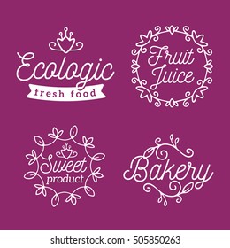 Vector set of eco badges with white text. Logo templates with floral elements, ribbon, frames for bag, sticker, menu, food package design on color background
