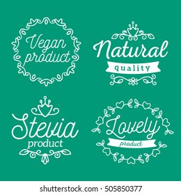 Vector set of eco badges with white text. Logo templates with floral elements, ribbon, frames for bag, sticker, menu, food package design on dark green background