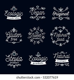 Vector set of eco badges with white text on dark background. Logo templates with floral element, ribbon, frame for bag, sticker, menu, food package design