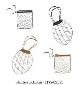 Vector set of eco bags. Shoppers for vegetables and fruits. Isolated objects on a white background. Eco friendly theme. No plastic,zero waste.Ecology concept. Environmental friendly package.