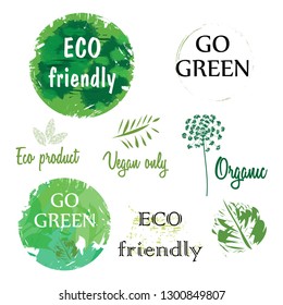 Vector set of eco, bio green logo, sticker, sign. Organic design template. Concept icon with green leaf. Earth Day logos