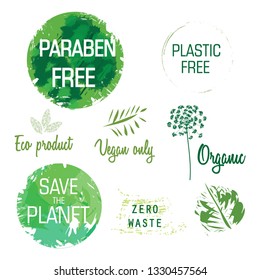 Vector set of eco, bio green logo, sticker, sign. Organic design template. Concept icon with green abstract stain 