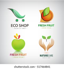 Vector set of eco food, organic, green logos. Fresh fruit, healthy lifestyle icons