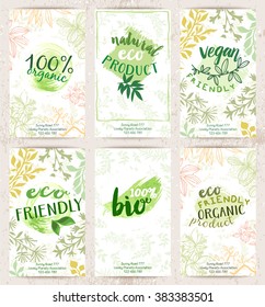 Vector set of eco friendly food labels on the stylish brochures. Packaging tags with fancy cards designs for bio, healthy products. Fresh ecological posters.