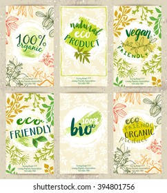 Vector set of eco friendly food labels on the stylish brochures. Packaging tags with fancy cards designs for bio, healthy products. Fresh ecological posters.