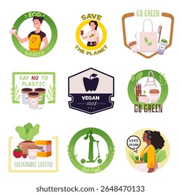 Vector set of eco icons in different shapes for veganism, plastic-free living and save the planet. Emblems with characters and reusable objects. For logo, sticker. Flat style. Isolated background.