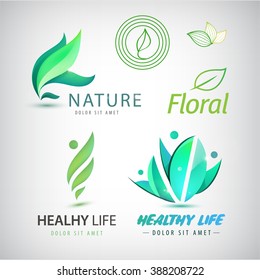 Vector set of eco icons, logos. Healthy man logo, life, organic logo, leaf logo isolated
