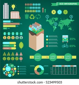 Vector set of eco infographics. World map, charts, trees, urban icons on green background. Environment, ecosystem, population