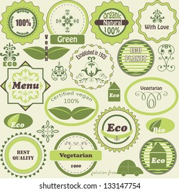 Vector set of eco  labels and vegetarian  design elements, fully editable eps8  file