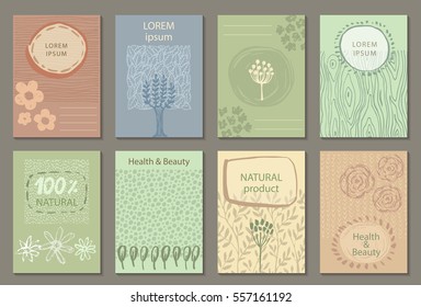 Vector set of eco nature labels or business card templates. Flyers designs for organic, natural, healthy products. Ecological posters.
