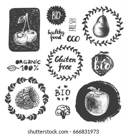 Vector set of eco, organic badges, logos, icons, illustrations. Hand drawn. Black and white