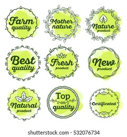 Vector set of eco watercolor badges with text on white background. Logo green color templates with floral elements, ribbon, frame for bag, sticker, menu, food package design