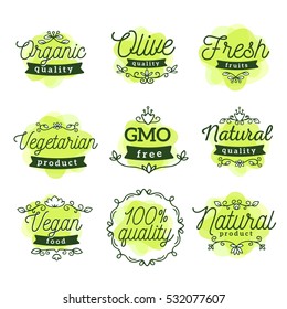 Vector set of eco watercolor badges with text on white background. Logo green color templates with floral elements, ribbon, frame for bag, sticker, menu, food package design