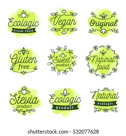 Vector set of eco watercolor badges with text on white background. Logo green color templates with floral elements, ribbon, frame for bag, sticker, menu, food package design