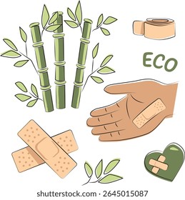 Vector set of eco-friendly bamboo adhesive bandages and medical symbols promoting zero waste and sustainable healthcare choices
