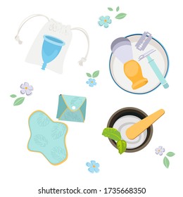 Vector Set Eco-Friendly Bathroom Products, Intimate hygiene. Environmentally Friendly Home. Menstrual cup,  reusable panty liners and razor.