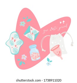 Vector Set Eco-Friendly Intimate higiene. Hogar Ambientalmente Amigable. Período de basura cero. Copa Menstrual Femenina, recubrimientos de madera reutilizables.