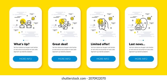 Vector set of Ecology app, Teamwork and People communication line icons set. UI phone app screens with line icons. Face cream icon. Smartphone with leaf, Remote work, People talking. Gel. Vector