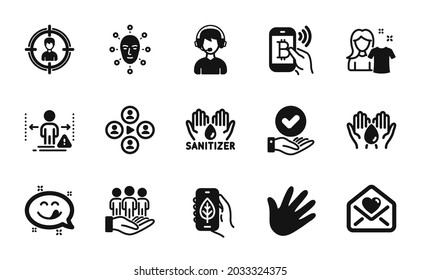 Vector set of Ecology app, Video conference and Love letter icons simple set. Bitcoin pay, Social distance and Approved checkbox icons. Yummy smile, Safe water and Hand signs. Vector