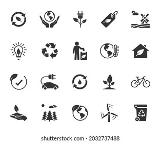 Vector set of ecology flat icons. Contains icons environment, electric car, eco product, global warming, renewable energy, forest, wind turbine and more. Pixel perfect.