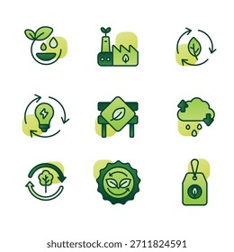 Vector set of ecology green icons symbols: leaf, tree, recycle, energy, bio, car, house, earth, and globe environment design illustration