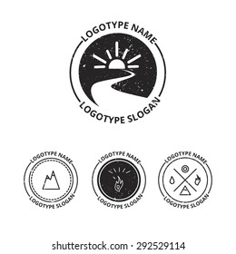 Vector set of ecology logotypes, icon and nature symbol: sun, river (water) in circle, mountains, hire, water