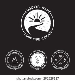 Vector set of ecology logotypes, icon and nature symbol: sun, river (water) in circle, mountains, hire, water.  design ecology elements. Camping symbols