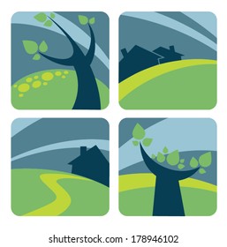 vector set of ecology, nature, house, homes and landscapes signs and icons