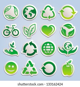 Vector set with ecology stickers - green signs symbols and signs