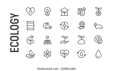 Vector set of ecology thin line icons. Design of 20 stroke pictograms. Signs of ecology isolated on a white background.