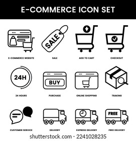 Vector conjunto iconos de comercio electrónico. Compras y entregas en línea. Símbolo de comercio electrónico. 