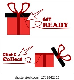 Vector set of e-commerce promotional gift boxes with Get Ready and Click and Collect messages.