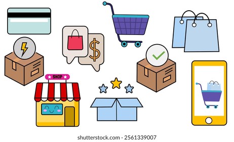 Vector set of e-commerce and shopping theme. Collection of e-commerce and shopping icon. Perfect of presentation, social media, web, business, ads, many more.