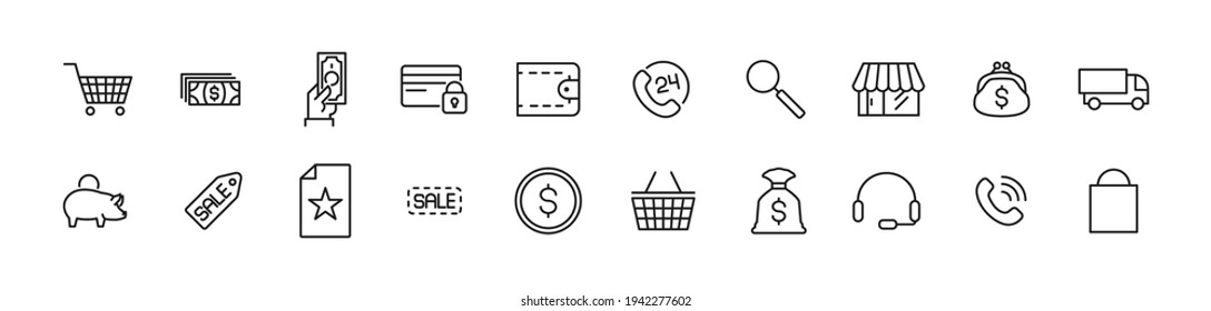 Vector set of e-commerce thin line icons. Design of 20 stroke pictograms. E-commerce signs isolated on a white background.