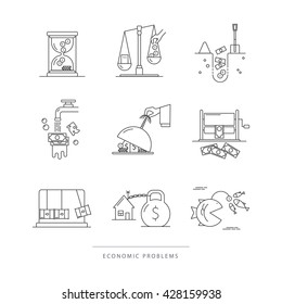 Vector set of economic icons with popular economy problems: taxes, offshore, debt hole, inflation, crediting, corruption. Linear flat style. Perfect for news website, banners, presentation, brochure.