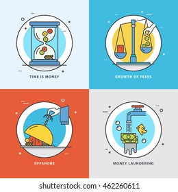 Vector set of economic icons with popular problems and phrasing: time is money, growth of taxes, offshore, money laundering. Colorful flat style perfect for news, mass media and websites.