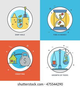 Vector set of economic icons with popular problems and phrasing: debt hole, time is money, crediting, growth of taxes. Colorful flat style perfect for news, mass media and websites.