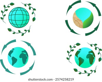 Vector set of eco-themed icons, including stylized globes with various designs: surrounded by leaves, circular recycling arrows, and earth continents.