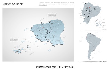 Vector set of Ecuador country.  Isometric 3d map, Ecuador map, South America map - with region, state names and city names. 