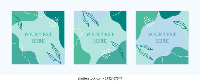 Vector set of editable banners with abstract shapes and floral elements in blue, green and turquoise colors. Suitable for social media posts. Template for internet advertising.