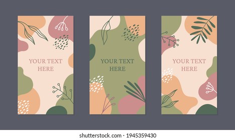 Vector set of editable banners with abstract shapes and floral elements in natural shades. Template for internet advertising and social media posts.