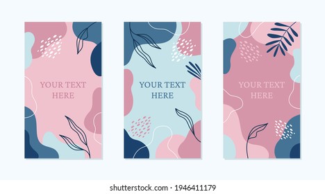 Vector set of editable banners with abstract shapes and floral elements in blue and pink colors. Template for internet advertising and social media posts. Suitable for stories.