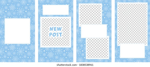 Vector set of editable stories templates, posts for social media. White snowflakes on blue background
